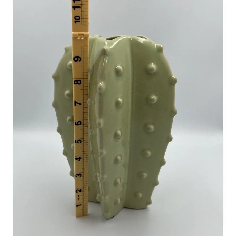 Ceramic Cactus Vase Sage Green Spiky Textured Boho Decor Glossy 9.4in Tall